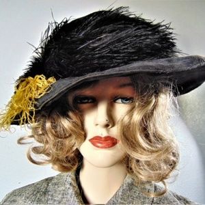 Antique Edwardian Silk Velvet Plumed WIDE BRIM Hat